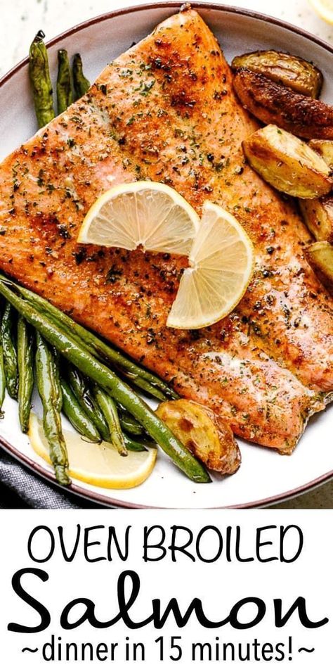 This easy Broiled Salmon recipe is the healthy and tasty dinner you’ve been looking for! Lightly crisp on the outside but tender and juicy on the inside. #salmon #dinner #easydinnerideas Broiled Salmon Recipes, Salmon Recipes Baked Healthy, Recipe Salmon, Broiled Salmon, Easy Salmon Recipes, Salmon And Asparagus, Tasty Dinner, Salmon Dinner, Easy Salmon