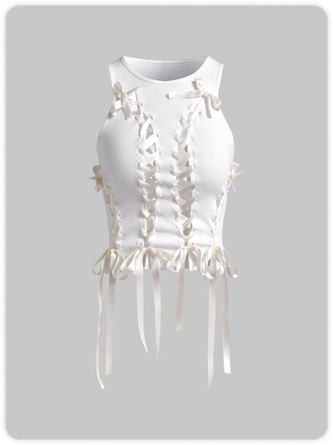 Neck Bow Tie, White Crop Tank, White Crop Top Tank, Preformance Outfits, Lace Up Top, Neck Bow, White Cami, Y2k Top, Tie Styles