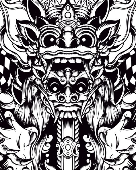 Male Models Tattoo, Balinese Tattoo, Barong Bali, Hindu Tattoos, Mirror Illustration, Bali Art, Buddhist Art Drawing, Samurai Anime, Line Art Tattoos