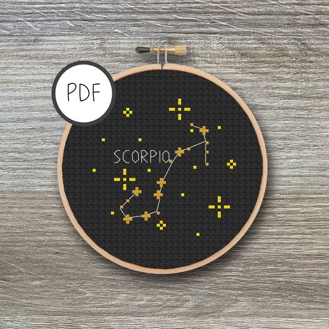 Scorpio Cross Stitch Pattern Constellation | Star Signs, Stars, Zodiac, Astrology, DIY, Cross Stitch PDF #CrossStitchPdf #embroidery #CrossStitchPattern #ScorpioStarSign #stars #zodiac #pattern #constellation #CrossStitch #StarSign Constellation Chart, Astrology Stars, Star Cross, Diy Cross, Pola Kristik, Diy Cross Stitch, Zodiac Constellations, Zodiac Astrology, Dmc Floss