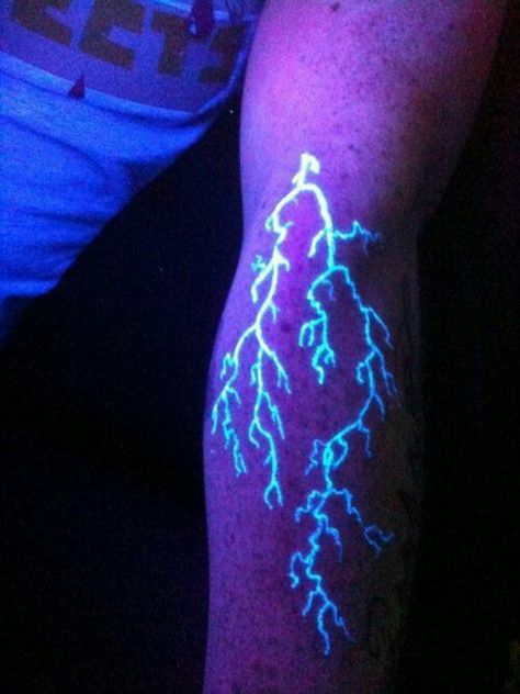 Blacklight Tattoo, Lightning Tattoos, Neon Tattoos, Tattoo Lightning, Invisible Tattoo, Black Light Tattoo, Lightning Bolt Tattoo, Happiness Tattoo, Lightning Tattoo