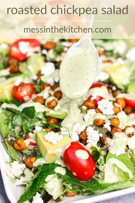 Craving something fresh, healthy, and delicious? My Roasted Chickpea Salad is not just packed with nutritious ingredients, it's dreamy, bright, and oh-so cravable! Made with crispy chickpeas to fill you up, a fresh tahini green goddess dressing, avocado, tomatoes, lots of feta, all piled over mixed greens. Roasted Chickpea Salad, Side Dishes For Salmon, Burger Side Dishes, Side Dishes For Chicken, Fresh Salad Recipes, Vegetable Side Dishes Recipes, Chickpea Salad, Roasted Chickpeas, Chicken Salad Recipes