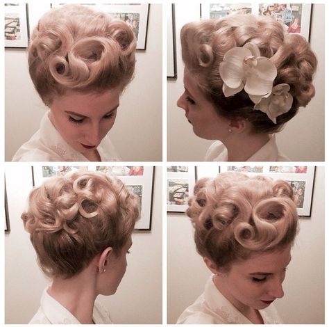 40s updo from @fiddlingages 1940s Ponytail, 40s Updo, 1940s Updo, Pinup Updo, 1950's Hairstyles, Vintage Wigs, Gorgeous Updos, Princess Buttercup, Vintage Haircuts