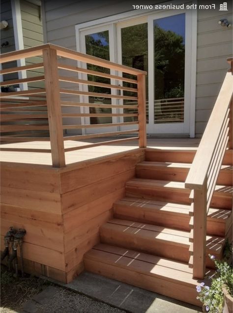 Side Deck Stairs, Backyard Patio With Steps From House, Deck Steps With Landing, Backyard Stairs From House, Temporary Stairs, Small Porch Ideas, Small Backyard Decks, Outside Stairs, Patio Stairs