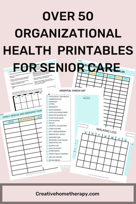 Over 50 organizational and educational handouts developed for seniors/caregivers, and for clinicians that work with seniors. See Creative Home Therapy for #homecare #homehealth #printables #seniorcare #elderlycare #template #caregiving #physicaltherapist #occupationaltherapist #homecarenurse #giftforgrandma Health Printables, Organizational Health, Senior Health Care, Hospital Checklist, Homecare Nursing, Home Therapy, Senior Caregiver, Organizational Printables, Medical Binder