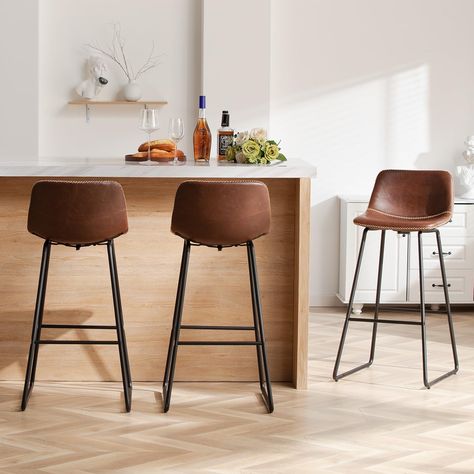 HeuGah 30 Inch Bar Stools Set of 3, Brown Counter Height Barstools with Back Support Faux Leather High Bar Stools for Kitchen Island Counter Height Chairs with Metal Legs (3 Pcs Brown, 30 Inch) Bar Stools For Kitchen Island, Barstools With Back, Bar Stools For Kitchen, 30 Inch Bar Stools, Green Bar Stools, Stools For Kitchen, Counter Stools With Backs, Island Counter, Bar Height Chairs