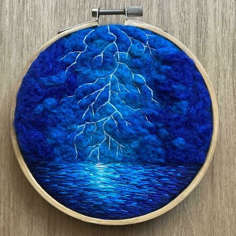 Ocean Embroidery, Ocean Reflection, Felt And Embroidery, Bamboo Embroidery, Landscape Embroidery, Simple Hand Embroidery Patterns, Fluffy Clouds, Lightning Storm, Embroidered Canvas