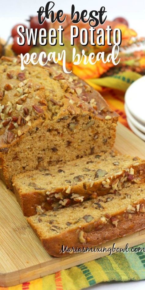 This Sweet Potato Pecan Bread is perfect for the fall and holiday season. Plus, it's a simple homemade bread recipe that's packed full of taste and flavor!#quickbreads #dessertbread #dessertseasy #dessertfoodrecipes #mariasmixingbowl How To Use Canned Sweet Potatoes, Snacks With Sweet Potato, Sweet Potato Loaf Bread, Canning Sweet Potatoes Recipes, Recipes Using Mashed Sweet Potatoes, Sweet Potatoes Cake, Baking With Sweet Potatoes, How To Can Sweet Potatoes, Sweet Potato Pecan Bread