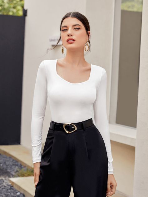 White Casual Collar Long Sleeve Fabric Plain  Embellished High Stretch  Women Tops, Blouses & Tee White Long Sleeve Shirt Outfit, White Tops Outfit, Long Sleeve Shirt Outfits, White Long Sleeve Tshirt, Casual Tshirt Outfit, White Workout Top, Basic Long Sleeve Tee, Classy Dress Outfits, Tshirt Outfits