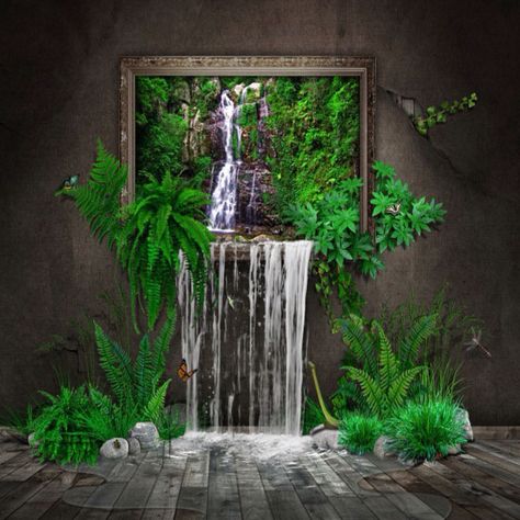 Indoor waterfall... Indoor Water Features, Waterfall Wallpaper, Indoor Water Fountains, Inside House, Indoor Waterfall, Indoor Fountain, Water Falls, Plant Wallpaper, Surrealism Painting