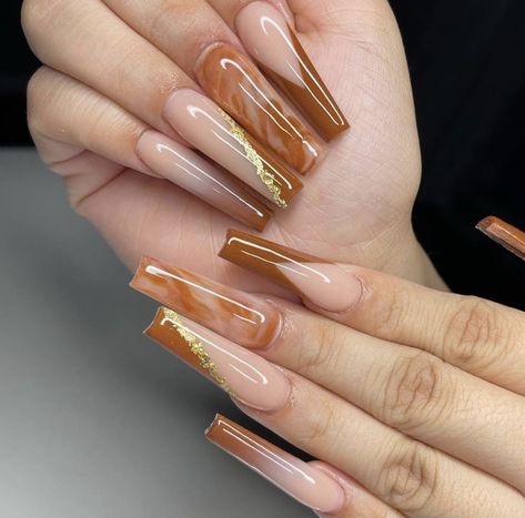 Ginger Nails Design, Cognac Nails, Fall Tapered Square Nails, Ginger Nails Acrylic, Ginger Nails, Coffin Nail Designs, Bday Nails, Brown Acrylic Nails, Purple Acrylic Nails