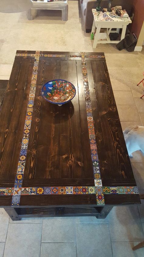 Tiled Farmhouse Table, Mexican Style Dining Table, Talavera Furniture, Talavera Patio, Ceramic Tile Furniture, Mexican Coffee Table, Mexican Tile Table Top Diy, Talavera Tile Table, Mexicn Table