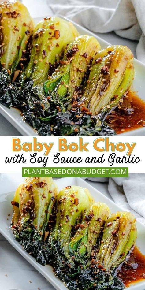 This delicious Baby Bok Choy with Soy Sauce and Garlic is incredibly nutritious and full of savory flavors of soy sauce and roasted garlic. The perfect side dish! #plantbasedonabudget #bok #choy #asian Baby Bock Choy Recipes, Bock Choy Recipes, Recipe For Baby, Cook Smarts, Keto Diet Food List, Roasted Garlic, Vegetable Side Dishes, Food App, Keto Diet Recipes