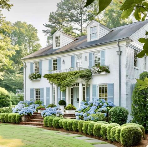 #whitepicketfence #fenceideas #homedecor #outdoorliving #landscaping #curbappeal #gardeninspiration #timelesselegance #homeinspo #picketfence White House With Blue Shutters, Blue Shutters, Southern House, Colonial Exterior, Dream Life House, Up House, Dream House Interior, Dream House Exterior, Colonial House