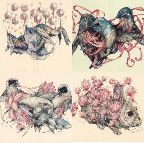 New Detailed Colored Pencil Drawings of Entangled Flora and Fauna by Marco Mazzoni | Colossal Kpop Sketch, Marco Mazzoni, Flora And Fauna Drawing, Idea Tattoo, Color Pencil Sketch, Mental Stability, Moleskine Sketchbook, Nature Tattoo, Pencil Drawing Tutorials