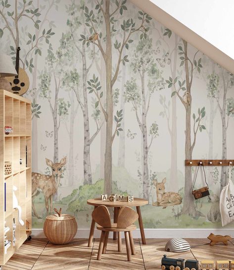 Forest Animals Wallpaper, Modern Kids Room Design, Woodland Forest Animals, Woodland Wallpaper, Nursery Mural, Modern Kids Room, Nursery Room Design, Nursery Room Inspiration, Kids Room Wallpaper