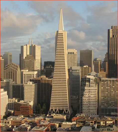 TransAmerica Pyramid in San Francisco - Another famous skyscraper in California is the TransAmerica Pyramid in San Francisco. This elongated pyramid was built to allow sunlight to reach the surrounding areas in spite of the building’s height of 260 meters. That was pretty groovy for them to do for their not so tall neighbors. Transamerica Pyramid, San Francisco Travel, Interesting Buildings, Iconic Buildings, Architectural Details, San Francisco Bay Area, Historic Buildings, Northern California, Bay Area