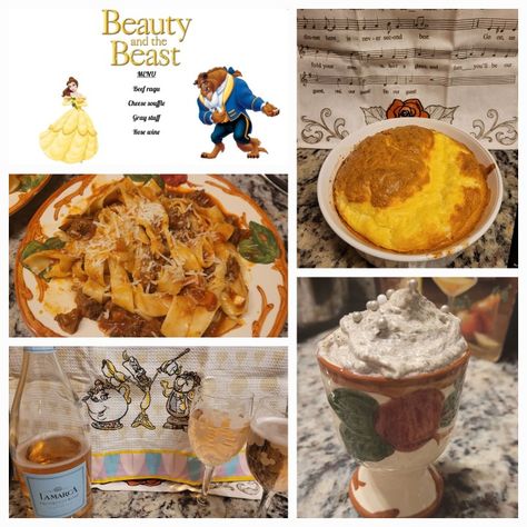 Cheese Souffle Beauty And The Beast, Beauty And The Beast Themed Dinner, Beauty And The Beast Movie Night Food, Beauty And Beast Dinner, Disney Movie Themed Food, Beauty And The Beast Dinner, Shrek Food, Disney Dinner And A Movie, Movie Meals