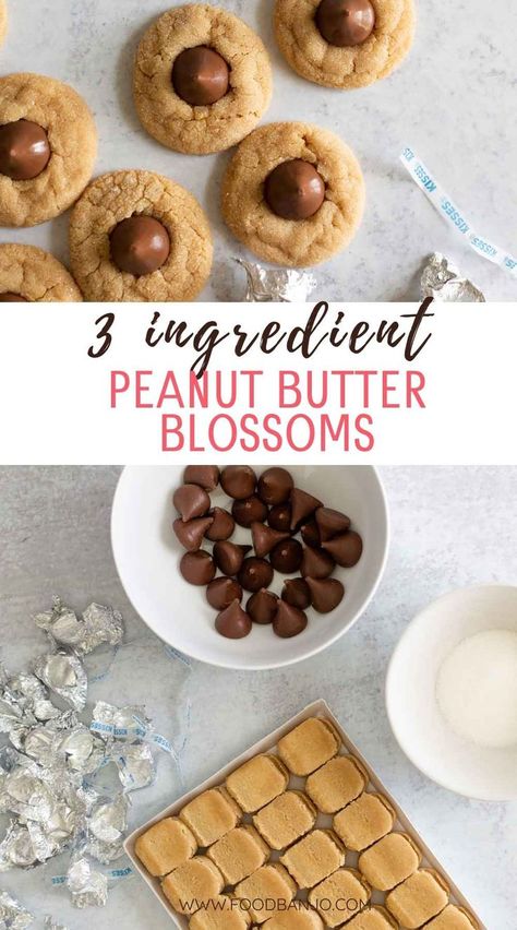 3 ingredient peanut butter blossoms Peanut Butter Blossom Cookies Reeses, Peanut Butter Blossoms Easy, Pillsbury Peanut Butter Blossoms, Easy Hershey Kiss Cookies, Easy Blossom Cookies, 3 Ingredient Peanut Butter Blossoms, Easy Peanut Butter Cookies With Kisses, Peanut Butter Blossom Cookies Easy, Peanut Butter Kiss Cookies Easy