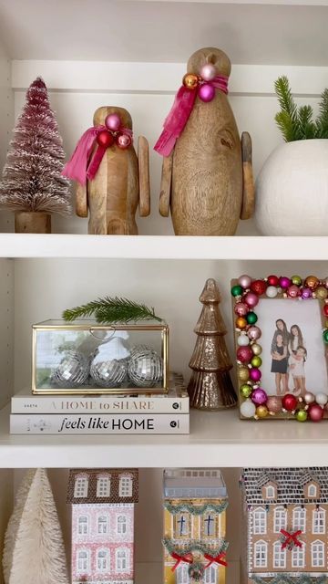 Simple Colorful Christmas Decor, Diy Present Decor, Boho Christmas Shelf Decor, Christmas Decor Anthropologie, Anthro Christmas Decor, Anthropologie Christmas Houses, Anthropology Christmas Aesthetic, Whimsicle Christmas Decor, Shelves Decorated For Christmas