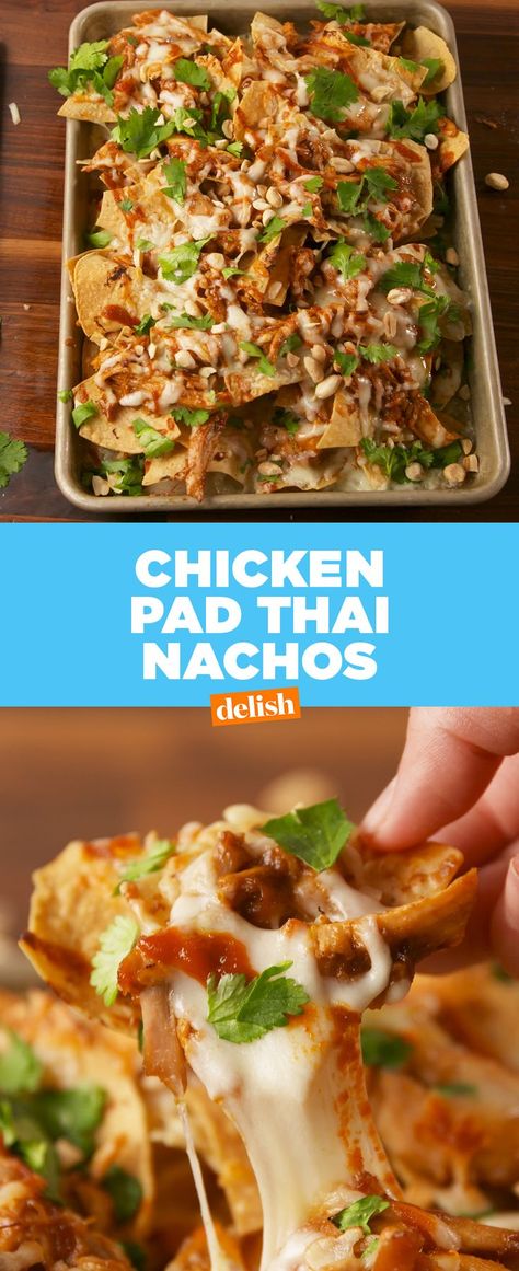 You haven't lived until you've tried these cheesy, melty, nachos. | Posted By: DebbieNet.com Nachos Chicken, Thai Appetizer, Chicken Thai, Chicken Nachos Recipe, Nachos Recipe Easy, Chicken Pad Thai, Chicken Snacks, Nachos Recipe, Sushi Recipes