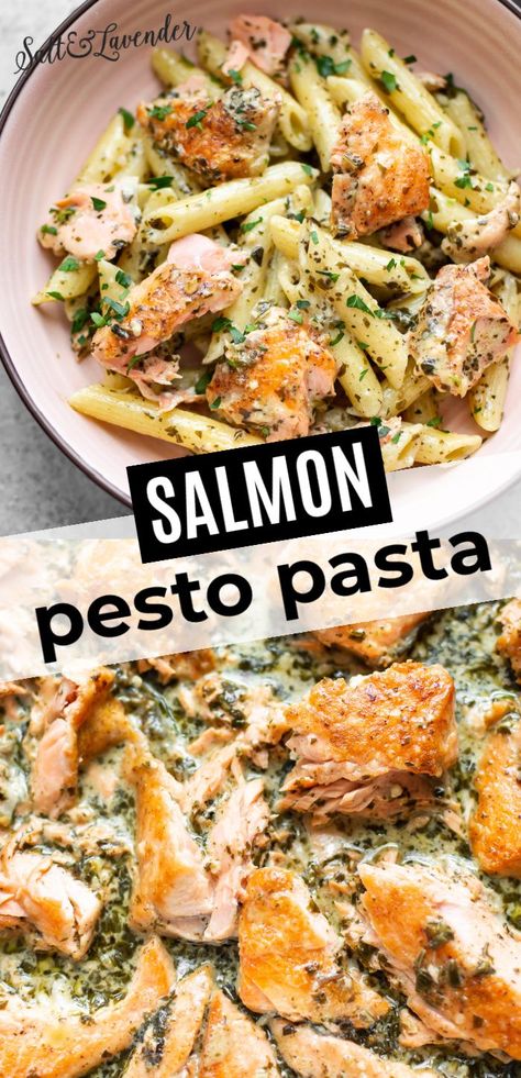 Weeknight Dinner For One, What To Make For Guests For Dinner, Pesto Recipe Dinner, Weeknight Pasta Recipes, Pesto Salmon Pasta Recipes, Simple Dinner For Guests, Salmon And Pasta Dinner Ideas, Salmon With Pesto Pasta, Pesto Recipes Dinner Pasta