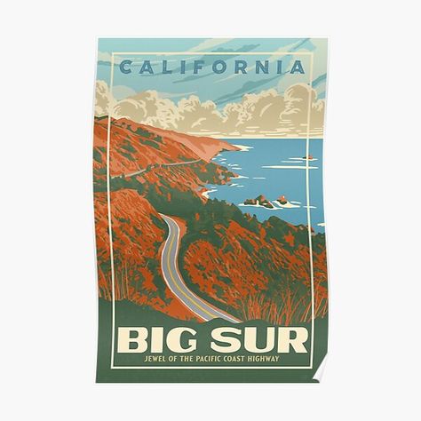 Big Sur California Original WPA Poster Style Retro Design • Millions of unique designs by independent artists. Find your thing. Retro Design Poster, Wpa Posters, California Postcard, California Poster, Highway 1, Big Sur California, Support Art, Pacific Coast Highway, California Art