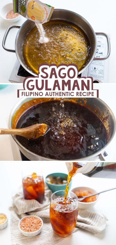 Sago Recipes Filipino, Filipino Drink Recipes, Sago Gulaman Recipe, Gulaman Drinks Filipino Recipes, Gulaman Recipe Filipino Food, Sago Gulaman Drink, Sago Drink Recipe, Palamig Drinks, Merienda Pinoy