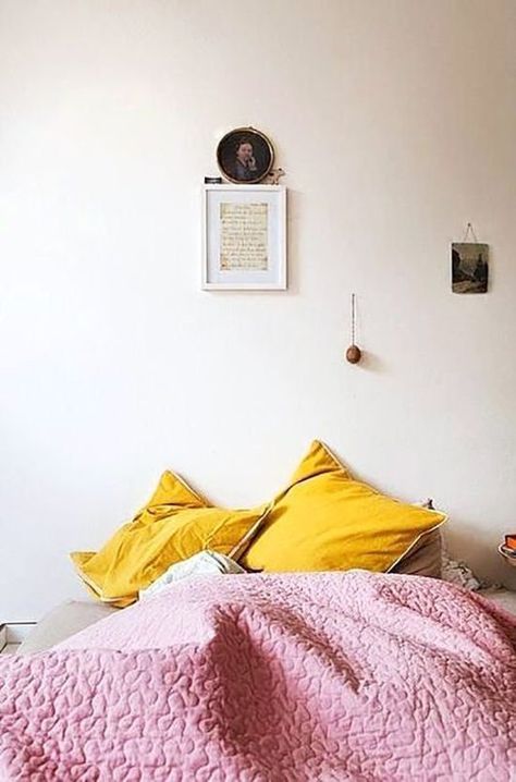 Cool Color Combo: Mustard & Pink | Apartment Therapy Palettes Color, Yellow Bedding, Yellow Bedroom, Diy Headboard, Yellow And Pink, Decoration Inspiration, Remodel Bedroom, Beautiful Bedrooms, My New Room