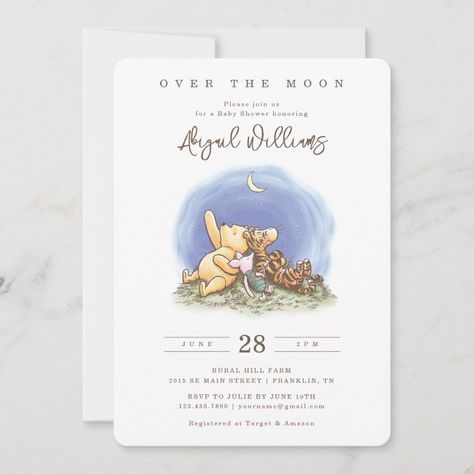 Moon Baby Shower Invitation, Unique Baby Shower Themes, Winnie The Pooh Baby Shower, Disney Baby Shower, Moon Baby Shower, Classic Winnie The Pooh, Moon Baby, Simple Baby Shower, Pooh Baby