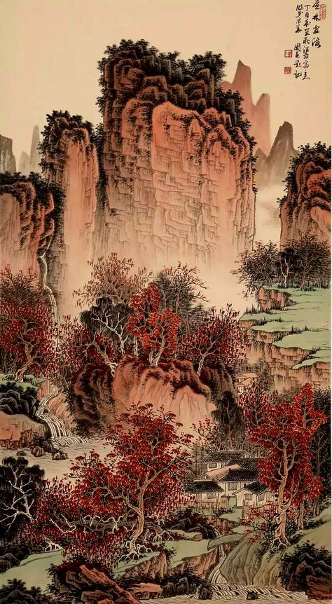 Chinese Esthetics, Song Dynasty Painting, Mountain Villages, Chinese Traditional Art, Expensive Paintings, Chinese Landscape Painting, Chinese Art Painting, Orange Painting, Ink Paintings