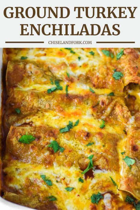 These ground turkey enchiladas offer a swift and effortless twist on the traditional Mexican favorite and is ready in less than 40 minutes. #groundturkeyenchiladas #turkeyenchiladas #enchiladas | chiselandfork.com Flour Tortilla Enchiladas, Ground Turkey Enchiladas, Mexican Enchiladas, Turkey Enchiladas, Chicken Mole, Red Enchiladas, Red Enchilada Sauce, Pepper Jack Cheese, Ground Turkey Recipes