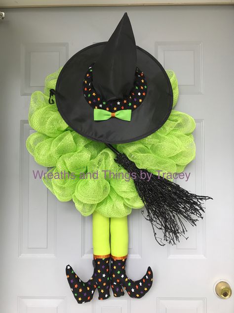 XL Mesh witch w/leg 2017 by Wreaths and Things by Tracey Witch Wreaths For Front Door, Halloween Decorations Wreaths, Halloween Witch Wreath, Halloween Mesh Wreaths, Halloween Deco Mesh, Halloween Wood Crafts, Halloween Witch Decorations, Witch Wreath, Diy Halloween Wreath