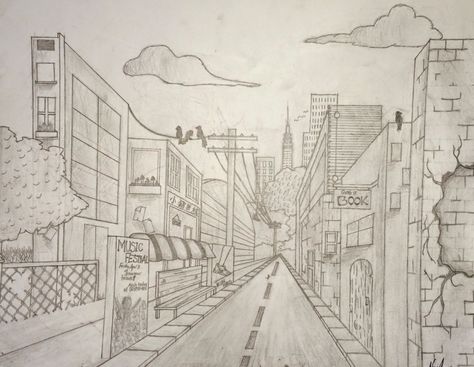 My Street- 7th Grade | Mr. V.'s Art Room Street In Perspective, One Point Perspective Outdoor, Street Drawing Perspective, Street Perspective Drawing, One Point Perspective Drawing Street, 2 Point Perspective Drawing Cities, Street Drawing Sketches, City Perspective Drawing, City Art Drawing