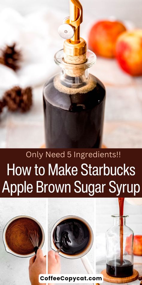 Apple Brown Sugar Syrup - coffeecopycat.com Toffee Simple Syrup, Brown Sugar Cinnamon Syrup Coffee, Apple Cinnamon Simple Syrup, Maple Brown Sugar Coffee Syrup, Apple Cider Coffee Syrup, Apple Cinnamon Syrup Recipe, Apple Brown Sugar Syrup Starbucks, Apple Syrup For Coffee, Homemade Latte Syrup