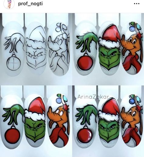 The Grinch Nail Art Tutorial, Grinch Nail Art Step By Step, Christmas Nails Drawing, Grinch And Max Nails, The Grinch Nail Designs, Christmas Nails Grinch Art Designs, Step By Step Christmas Nail Art, Grinch Nail Art Tutorial, The Grinch Nail Art