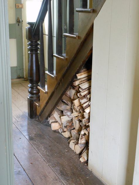 Firewood storage Firewood Under Stairs, Firewood Storage Indoor, Staircase Storage, Firewood Storage, Creative Storage, Under Stairs, Nova Scotia, Storage Organization, Building A House