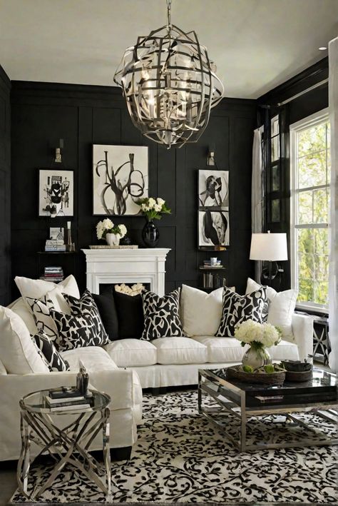 ​ #ad     #Colortrend #wallpaint2024  #color2024  #DIYpainting  ##DIYhomedecor  #Fixhome White Living Room Chairs, Black And White Living Room Ideas, White Furniture Decor, White Family Rooms, Large Living Room Layout, Glam Interior Design, Black And White Living Room Decor, Tricorn Black, Elegant Goth