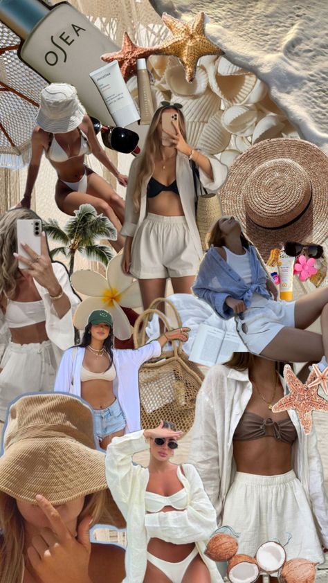 Inspo board of coastal beach essentials and outfits Chic Bachelorette, Outfits Summer Casual, Girl Vacation, Tropical Outfit, Girls Vacation, Summer Beach Outfit, Beach Outfits, Coastal Chic, Beach Essentials