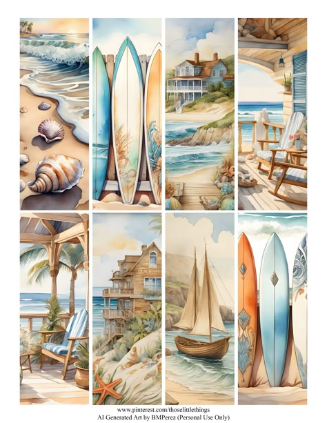 Beach House Balcony Surfer Seashells Ocean - Free Printable Bookmarks - Marcalibros Imprimible Gratis #freeprintable #freebookmarks #freeprintablebookmarks #freebookmark #marcalibrosgratis #beachhousebookmark #casadeplaya #aigeneratedart Beach House Balcony, Beach Printables, Free Printable Bookmarks, Free Beach, Bookmarks Printable, Fantasy Paintings, Vintage Journal, Decoupage Paper, Printable Image