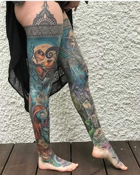 Tattoo - tattoos - ink - Inkedmodel - tattooedgirl - sexyink - nightmare before Christmas - Jack Skellington - Tim Burton Corpse Bride Tattoo, Tim Burton Tattoo, Nightmare Before Christmas Tattoo, Full Leg Tattoos, Christmas Tattoo, Brides With Tattoos, Geniale Tattoos, Leg Sleeve Tattoo, Inked Tattoo