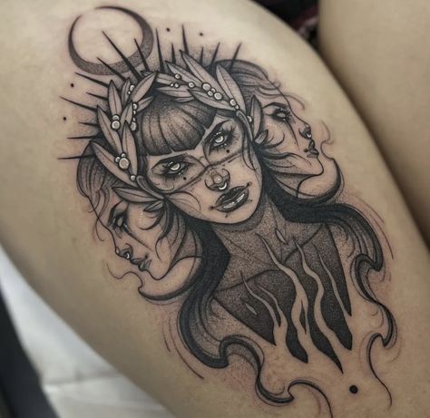 3 Faced Goddess Tattoo, Nyx Goddess Tattoo Design, Three Faced Goddess Tattoo, Hekate Tattoo Design, Enchantress Tattoo Design, Hekate Drawing, Hecate Tattoo Ideas, Lillith Goddess Tattoo, Circe Goddess Tattoo