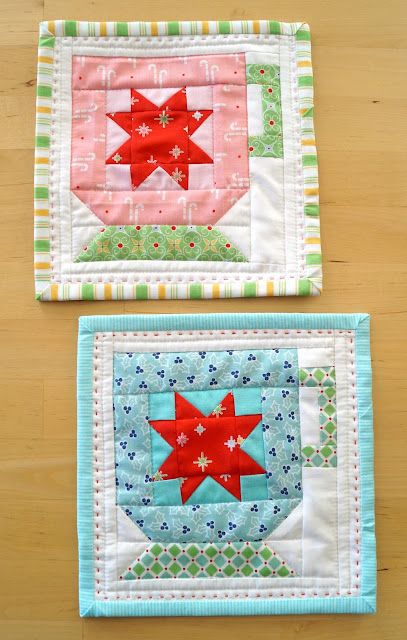 Teacup Quilt, Rug Coasters, Christmas Mug Rugs, Mug Rug Tutorial, Snowflake Quilt, Pinwheel Block, Mug Rug Patterns, Rug Tutorial, Lori Holt