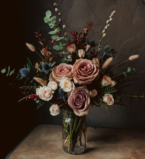 Moody Flower Arrangements, Moody Wedding Flowers, Moody Purple, Edgy Bridal, Columbia Tn, Logam Mulia, Blue And Burgundy, Pickle Jar, Boho Wedding Flowers