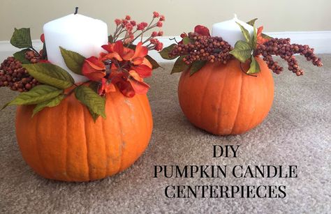 DIY Pumpkin candle centerpieces Pumpkin Candle Centerpiece, Pumpkin Centerpieces Wedding, Diy Pumpkin Candle, Thanksgiving Party Decor, Fall Pumpkin Centerpieces, Creative Centerpieces, Pumpkin Centerpiece, Pumpkin Wedding, All Things Fall