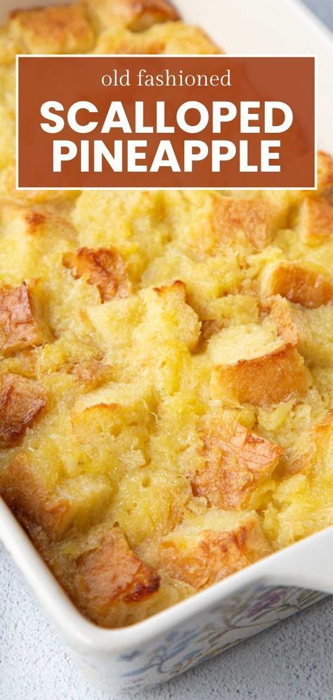 This classic Scalloped Pineapple Casserole is the perfect side dish for ham! It's sweet but not overly so, with a custard-like bottom and crispy edges. Pineapple Recipes Dinner Side Dishes, Scalloped Pineapple Casserole, Pineapple Recipes Dinner, Scalloped Pineapple, Side Dishes For Ham, Pineapple Casserole, Pineapple Ham, Baked Pineapple, Easter Dishes