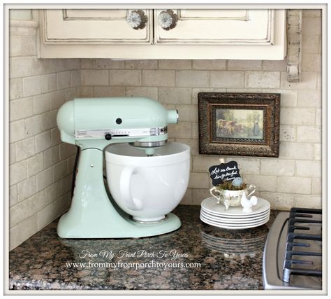 Pistachio KitchenAid Mixer-French Farmhouse Kitchen- From My Front Porch To Yours Trendy Kitchen Decor, Rustic Kitchen Backsplash, Kitchen Island Makeover, Kitchen Table Lighting, French Farmhouse Kitchen, Trendy Kitchen Colors, Farmhouse Cabinets, Industrial Kitchen Design, Kitchenaid Mixer