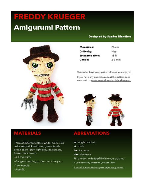 Crochet Freddy Krueger, Freddy Krueger, Dark Beige, Crochet Yarn, Skin Color, Single Crochet, Amigurumi Pattern, Read Online For Free, Free Crochet