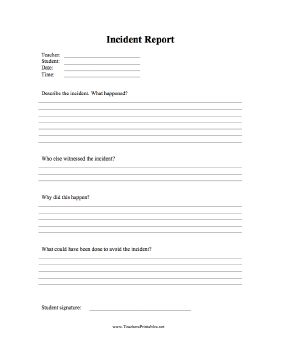 A form on which a teacher or adminstrator records an incident involving a student, with room to describe what happened as well as consider how it could have been avoided. Free to download and print Behavior Report, Incident Report Form, Incident Report, Good Vibes Quotes, Class Organization, 6th Grade Science, Bookkeeping Templates, Organization Planning, School Counseling