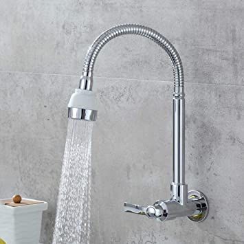 Wall Mounted Kitchen Faucet 360 Degree Swivel Flexible Hose Single Lever Cold Water Tap Laundry Sink Faucet Stream Spray Bubbler Slop Sink, Wall Mounted Kitchen Faucet, Galvanized Metal Bucket, Tin Planters, Herbs Plants, Faucet Kitchen, Hanging Planters Indoor, Planter Indoor, Laundry Sink